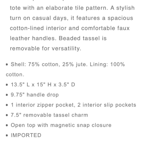 Blue Jute Tile Print Canvas Tote NWT - Picture 3 of 9